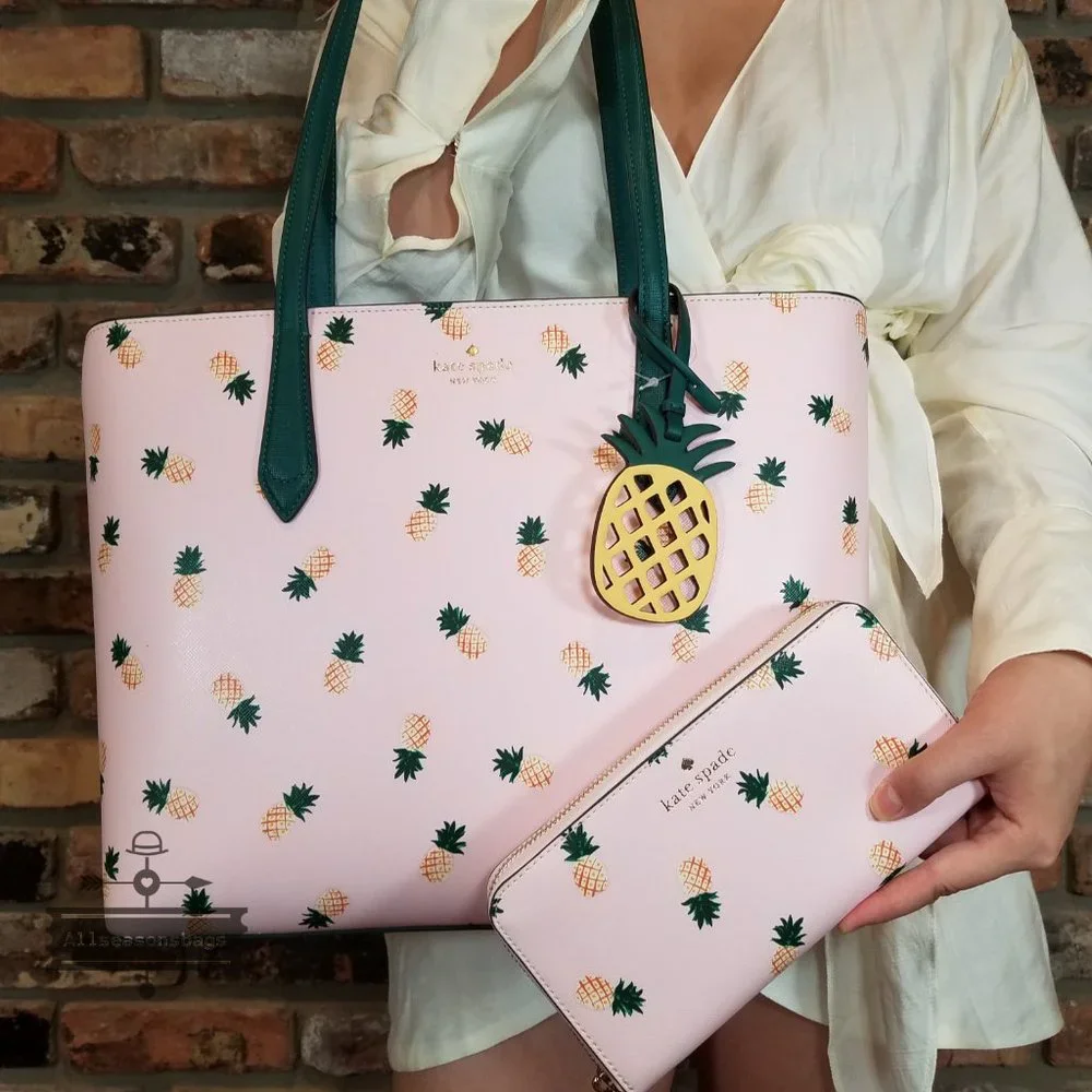AUTHENTIC NWT Kate Spade Marlee Pink Pineapple Tote Continental Wallet SET - Picture 1 of 13